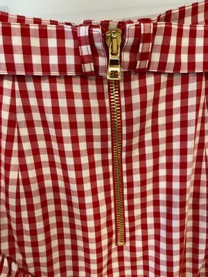 Balmain Red and White Vichy Printed Shirt and Mini Ruffle Skirt Set with Gold Logo Detail Size FR 38 (UK 10)