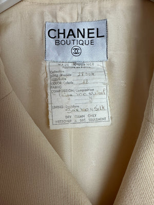 Chanel Vintage Cream Double Breasted Wool Blazer Jacket and Skirt Set with Gold CC Logo Button Detail FR 36 (UK 8)