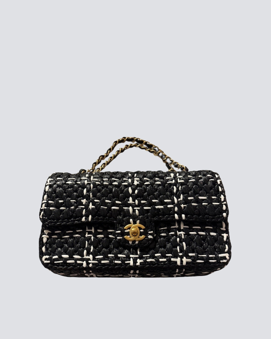 Chanel Black And White Raffia Tweed Design Classic Flap With Aged Gold Hardware