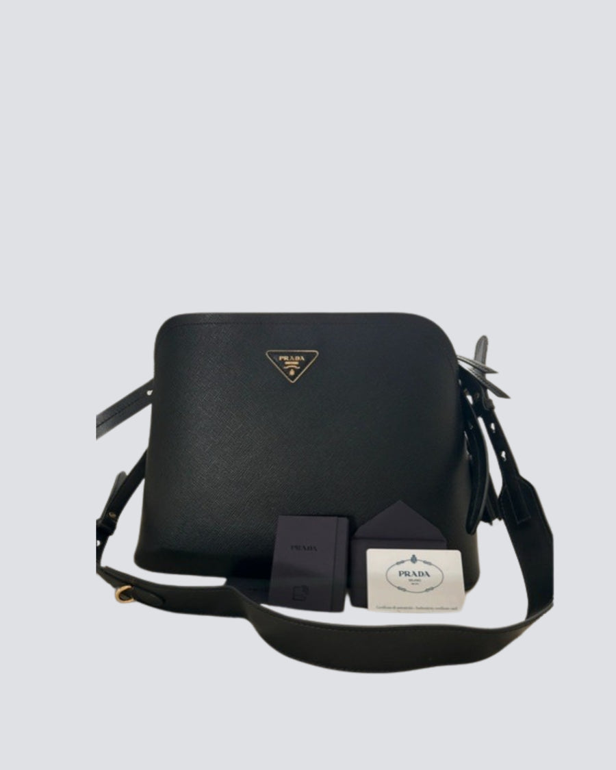 Prada Black Saffiano Leather Bag With Gold Hardware and Cross-Body Strap