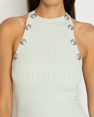 Balmain Blue Sleeveless Body Dress with Silver Button Detail Size FR 34 (UK 6)