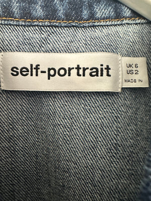 Self-Portrait Denim Gilet & Pleated Skirt Set with Multicolour Buttons Detail Size (UK 6)