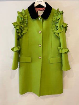 Gucci Cruise 2017 Apple Green Wool Coat with Pearl Embellished Buttons and Ruffles Detail IT 42 (UK 10)