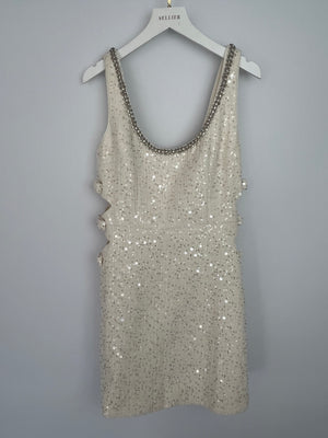 Self-Portrait Beige Boucle Cut Out Mini Dress with Embellished Detail Size UK 8