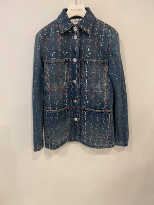 Chanel Métiers d'Art 2023 Denim Jacket with Pink and Silver Micro Sequin Details and Silver CC Logo Buttons Size FR 36 (UK 8)