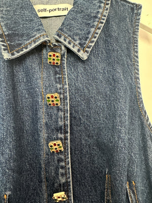 Self-Portrait Denim Gilet & Pleated Skirt Set with Multicolour Buttons Detail Size (UK 6)
