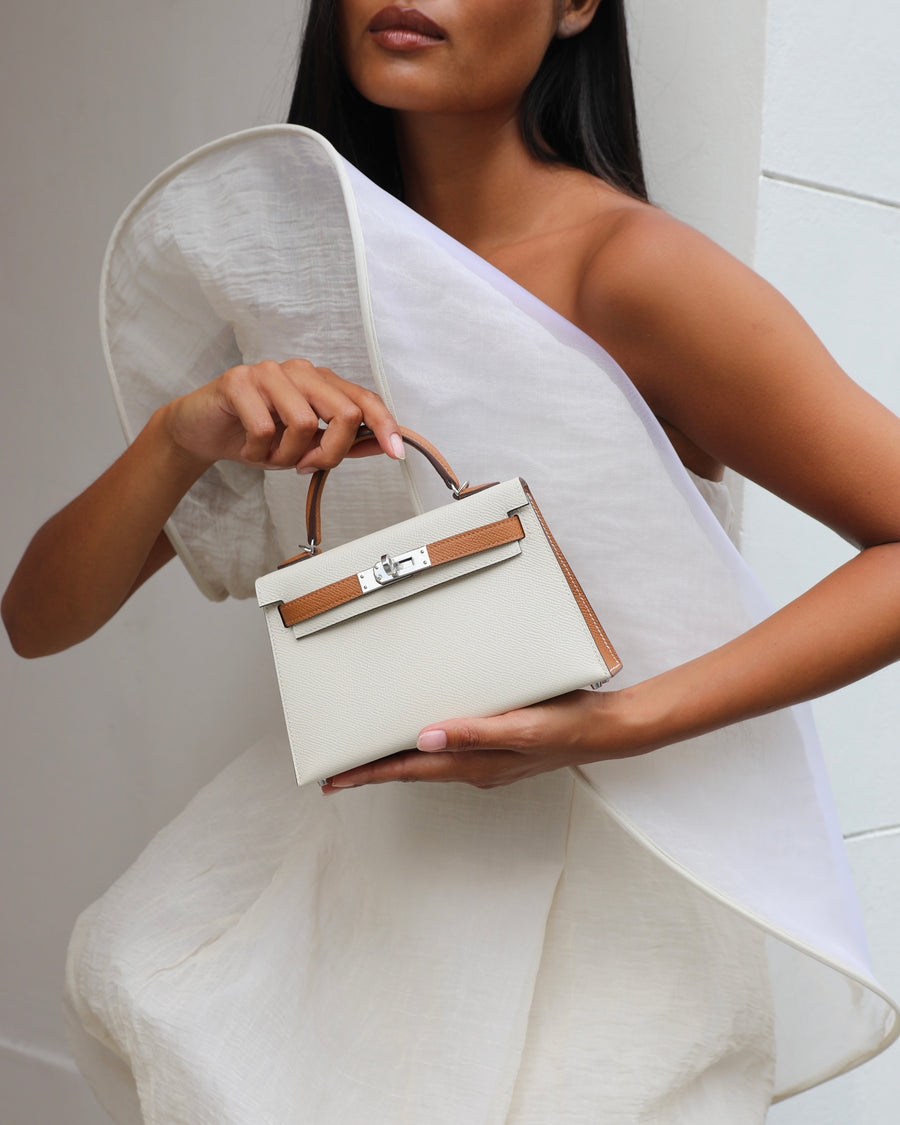 Hermès HSS Mini Kelly II 20 Bag In Craie and Gold Epsom Leather with Palladium Hardware