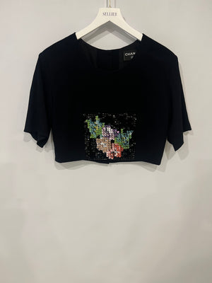 Chanel Métiers d'Art 2023 Black Cropped Top with Multi-Colour Sequin Patch Detail and Back Gold CC Logo Buttons Size FR 34 (UK 6)