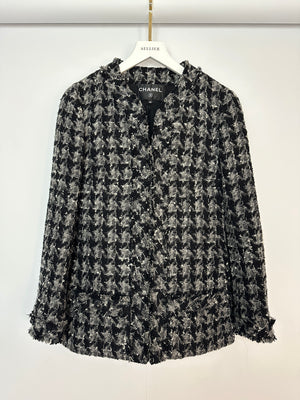 Chanel Black, Grey Tweed Large Houndstooth Jacket with Front Pockets and Black Leather Button Details, Size FR 38 (UK 10)
