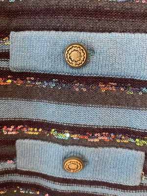 Chanel 20C Blue and Navy Cashmere Striped Long Cardigan with Multicolour Sequins Detail and Silver Camelia CC Buttons Size FR 36 (UK 8)