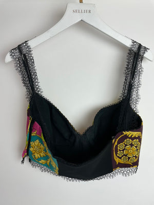 Versace Yellow, Black, Brown Medusa Pattern Bustier and Shorts Set with Lace & Gold Button Details Size IT 36/40 (UK 4/8)