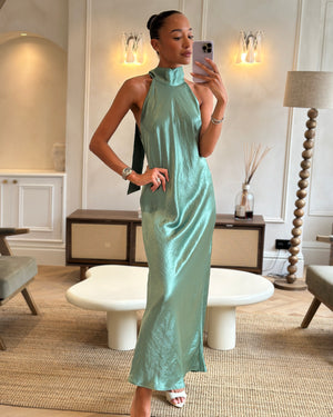 Galvan Green Silk Halter Neck Maxi Dress with Neck Tie Detail Size FR 44 (UK 16)