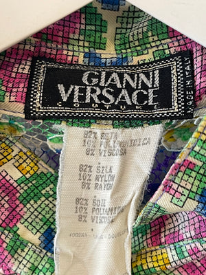 Gianni Versace Couture 90's Purple and Multicolour Silk Floral Lace Baroque Shirt with Gold Buttons Size IT 44 (UK 12)