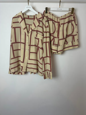 Toteme Silk Beige Long Sleeve Shirt and Shorts Set with Monogram Details Size XS (UK6)