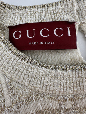 Gucci Cream and Gold Metallic Check Short Sleeve Jumper with Gold Button Logo Size S (UK 8)