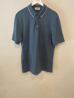 Hermes Menswear Blue Polo T-Shirt with Logo Detailing Size M (UK 10)