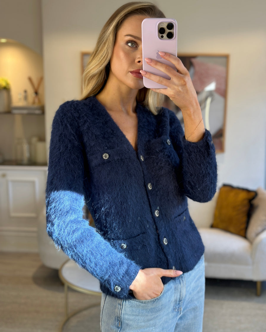*HOT* Chanel Navy Cashmere and Alpaca Cardigan with Crystal Buttons Detail Size FR 34 (UK 6-8)
