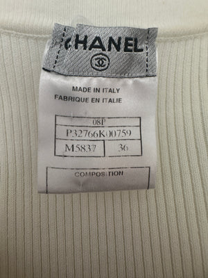 Chanel 08P Cream Sleeveless Knitted Short Dress with Silver CC Logo Button and Navy Hem Details Size FR 36 (UK 8)