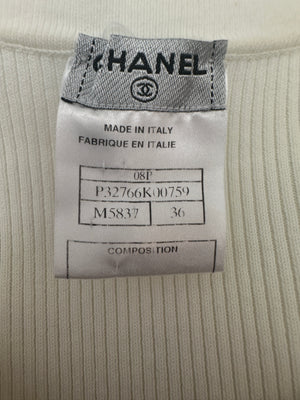 Chanel 08P Cream Sleeveless Knitted Short Dress with Silver CC Logo Button and Navy Hem Details Size FR 36 (UK 8)