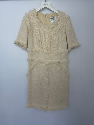 Chanel 10/P Cream Short Sleeve Tweed Midi Dress Size FR 36 (UK 8)