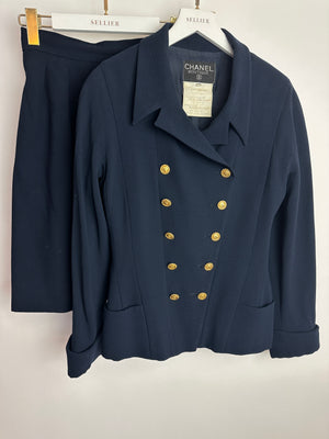 Chanel Vintage Navy Double Breasted Wool Blazer Jacket and Skirt Set with Gold CC Logo Button Detail FR 38 (UK 10)