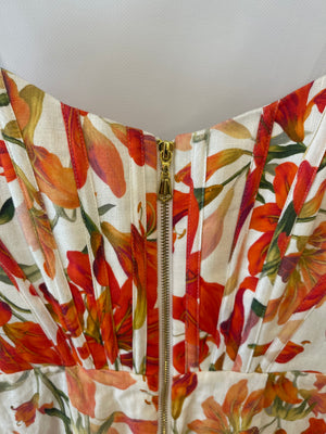 Zimmemann White and Orange Printed Floral Midi Dress Size 2 (UK 10/12)