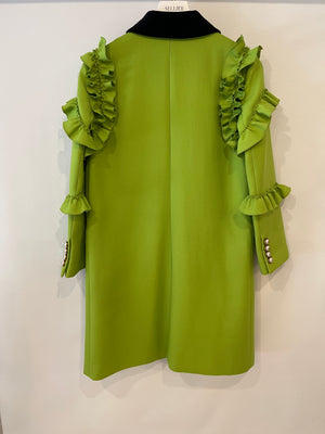 Gucci Cruise 2017 Apple Green Wool Coat with Pearl Embellished Buttons and Ruffles Detail IT 42 (UK 10)