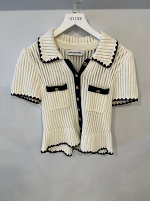 Self Portrait Cream Knit Top with Navy Trim Detail and Gold Buttons Size S (UK 8) RRP £285