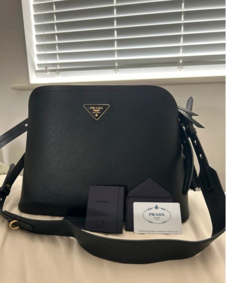 Prada Black Saffiano Leather Bag With Gold Hardware and Cross-Body Strap