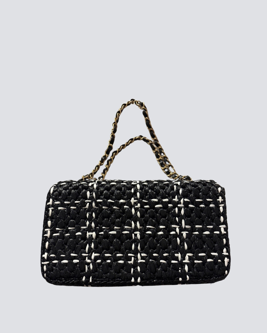 Chanel Black And White Raffia Tweed Design Classic Flap With Aged Gold Hardware