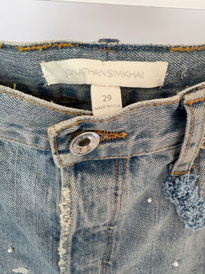 Jonathan Simkhai Blue Light Wash High-Waisted Straight Jeans with Distressed Detail and Pearl Embellishment Size 29 (UK 12)