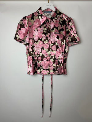 Prada Pink and Brown Floral Satin Short-Sleeve Shirt Size FR 36 (UK 8)