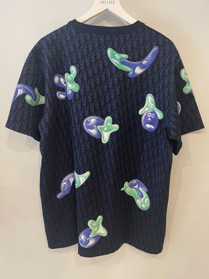Christian Dior x Kenny Scharf Blue Dior Oblique T-Shirt with Purple and Green Appliqués Size XL (UK 42) RRP £1,100