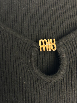 Miu Miu Black Cropped RIbbed Tank Top with Keyhole and Gold Logo Detail Size IT36 (UK 4)