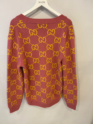 Gucci Pink and Yellow Wool GG Monogram Cardigan with Mother of Pearl Buttons Size XL (UK 12/14) RRP £1,300