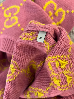Gucci Pink and Yellow Wool GG Monogram Cardigan with Mother of Pearl Buttons Size XL (UK 12/14) RRP £1,300