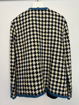 Gucci Black & White Houndstooth Wool Jacket with Electric Blue Thread Detail Size IT 36 (UK 4)