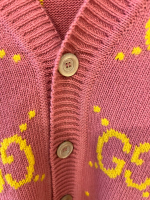 Gucci Pink and Yellow Wool GG Monogram Cardigan with Mother of Pearl Buttons Size XL (UK 12/14) RRP £1,300