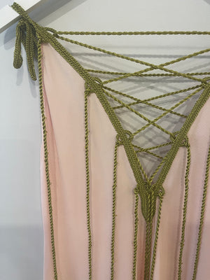 My Beachy Side Baby Pink Maxi Dress with Green Rope Details Size S (UK 8)