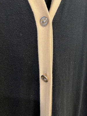 Chanel Black Cashmere Long Cardigan with Cream Trim Detail, Gold Glitter and Silver CC Buttons Size FR 38 (UK 10)