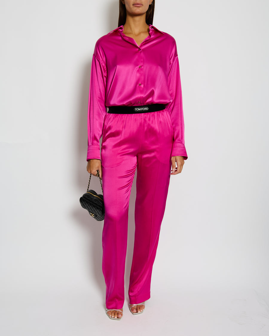 Tom Ford Fuschia Pink Oversized Silk-Blend Satin Blouse and Trouser Set with Velvet Elasticated Waistband Size IT 40 (UK 8)