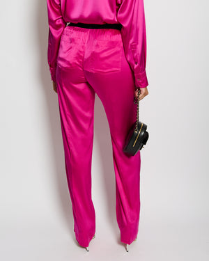 Tom Ford Fuschia Pink Oversized Silk-Blend Satin Blouse and Trouser Set with Velvet Elasticated Waistband Size IT 40 (UK 8)
