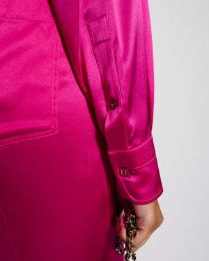 Tom Ford Fuschia Pink Oversized Silk-Blend Satin Blouse and Trouser Set with Velvet Elasticated Waistband Size IT 40 (UK 8)