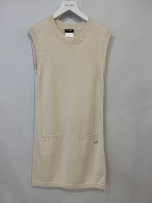 Chanel Cream Cashmere Sleeveless Mini Dress with Pearls and CC Logo Detail Size FR 34 (UK 6)