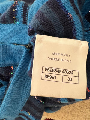 Chanel 20C Blue and Navy Cashmere Striped Long Cardigan with Multicolour Sequins Detail and Silver Camelia CC Buttons Size FR 36 (UK 8)