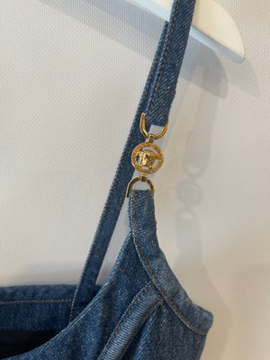 Versace Blue Denim Corset Bustier Top with Gold Medusa Details Size IT 42 (UK 10)