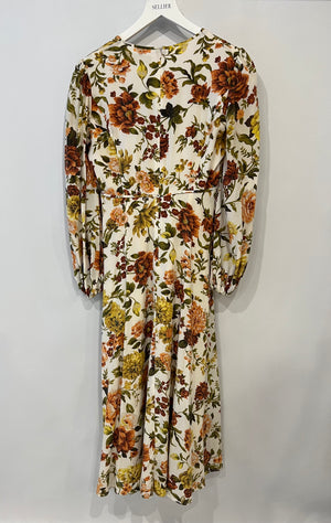 Zimmermann White, Orange, Green Floral Printed Silk Midi Dress Size 1 (UK 10)