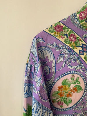 Gianni Versace Couture 90's Purple and Multicolour Silk Floral Lace Baroque Shirt with Gold Buttons Size IT 44 (UK 12)