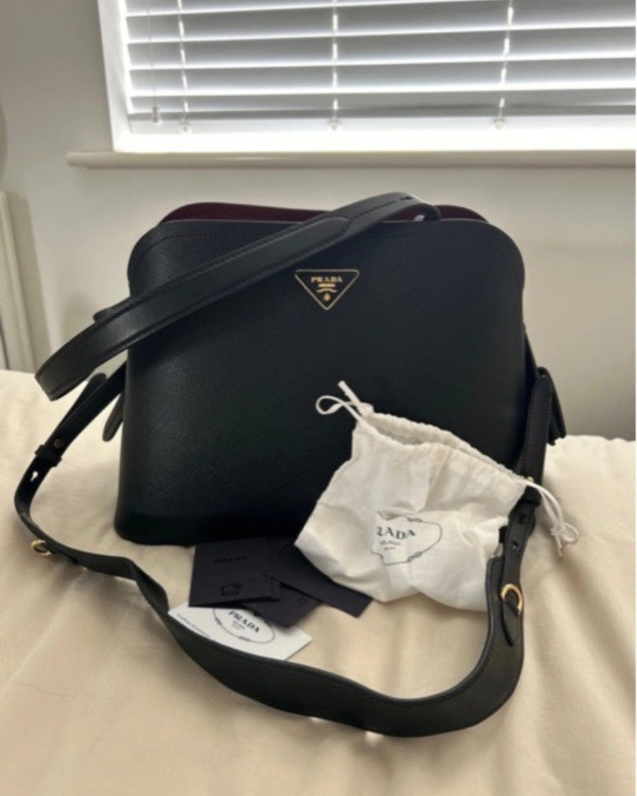 Prada Black Saffiano Leather Bag With Gold Hardware and Cross-Body Strap