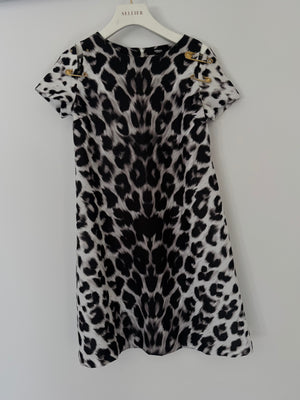 Versus Versace Black, White Leopard Print Dress with Gold Pin Detail Size IT 38 (UK 6)